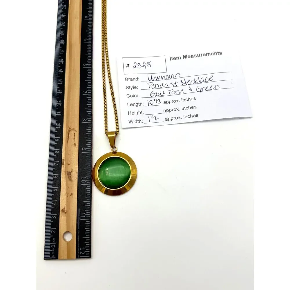 Gold Tone Stainless Steel Necklace W/ Round Green Jade Cabochon Gemstone Pendant
